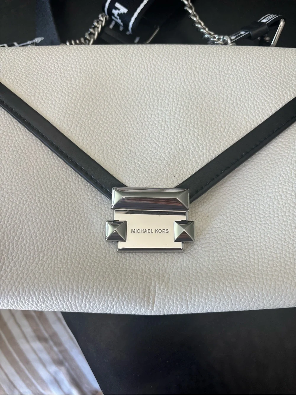 Michael Kors White and Black Pebbled Leather Shoulder Bag with Logo Strap